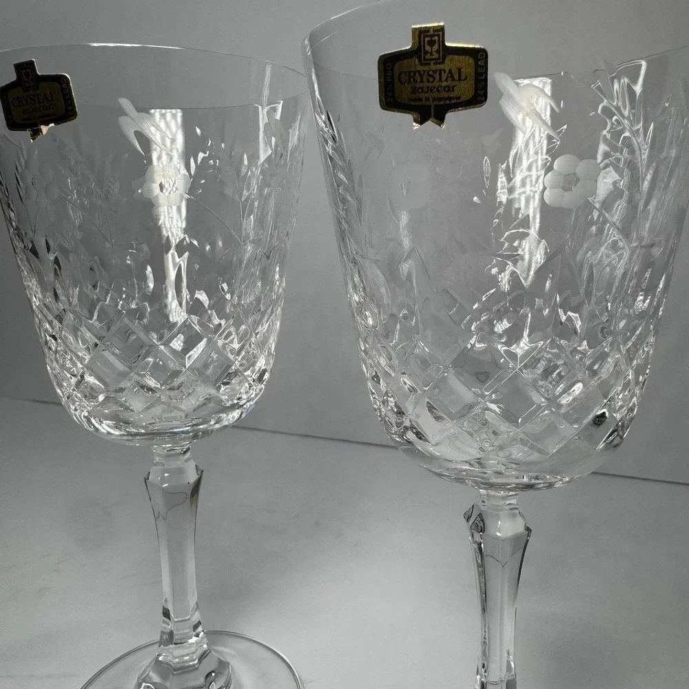 Crystal Zajecar‎ Wine Glasses Goblets Nobility Pattern Set of 2 NWOT Vintage New